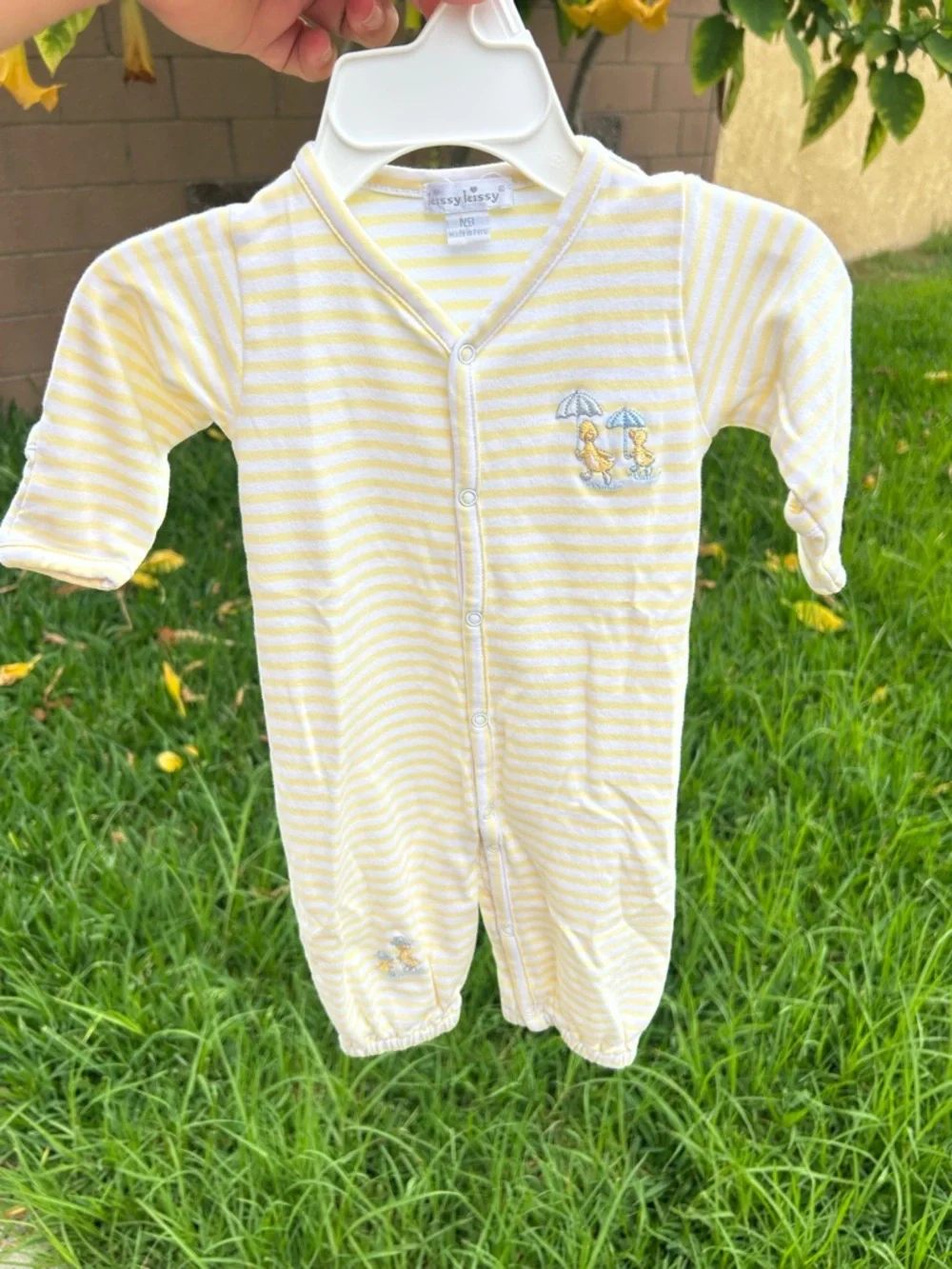Kissy Kissy Yellow & White Striped Footie with Duck Embroidery